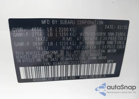 2025 Subaru Outback Limited из США, поврежденный, VIN 4S4BTANC3S3229407